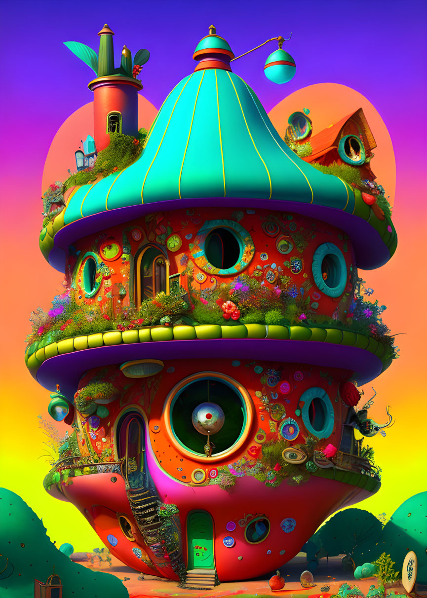 Colorful Whimsical House with Rounded Shape and Turret