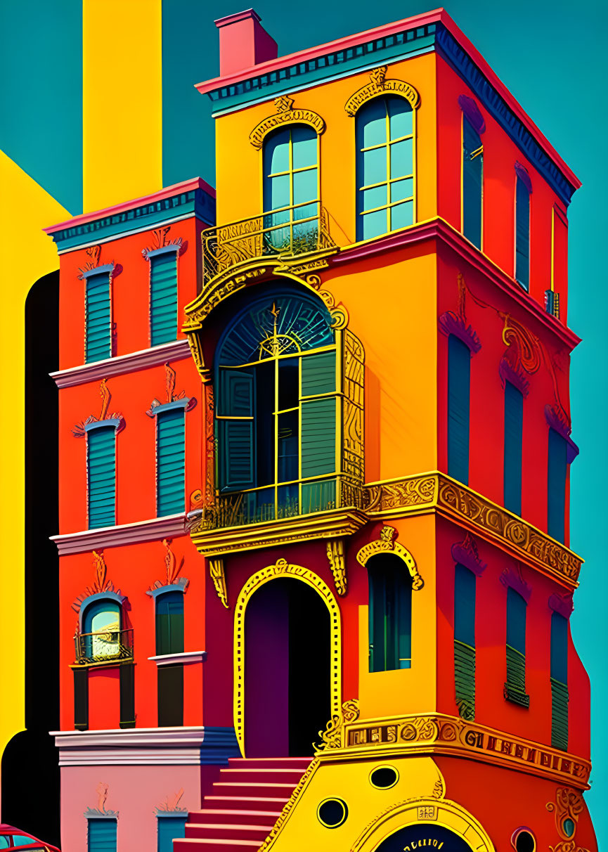 Colorful whimsical multi-story building illustration with red and yellow hues and ornate windows against a blue