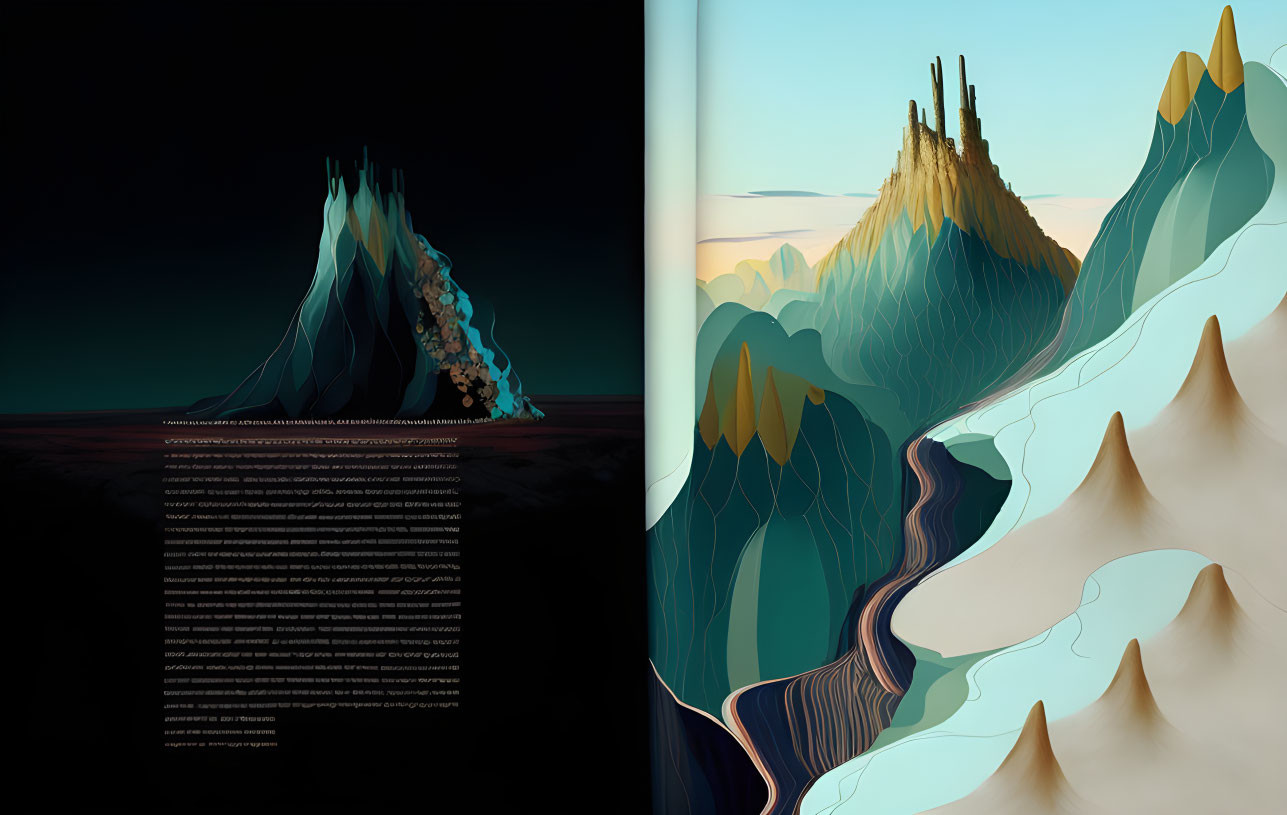 Split Composition of Volcanic and Colorful Mountain Landscapes