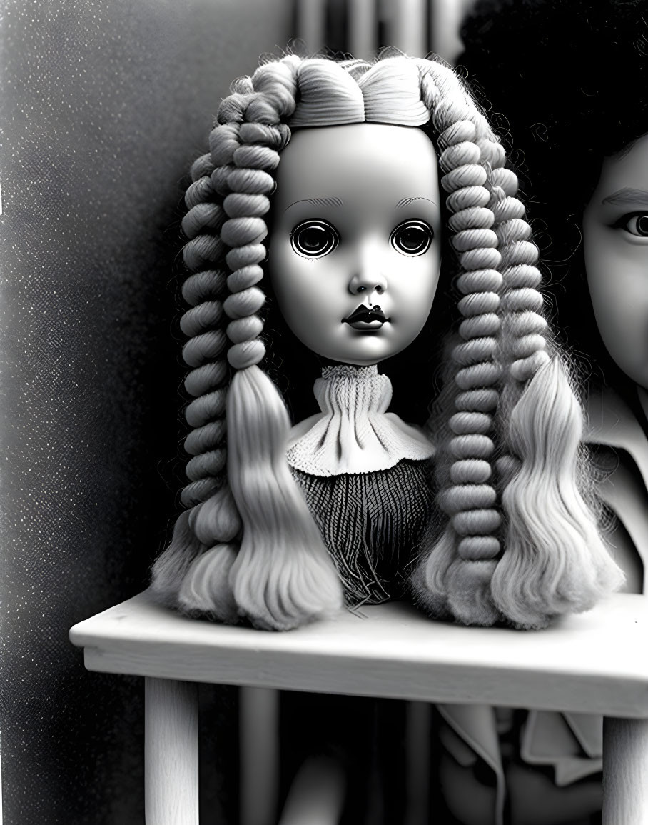 Monochrome image of dolls with large eyes and braided hair on shelf