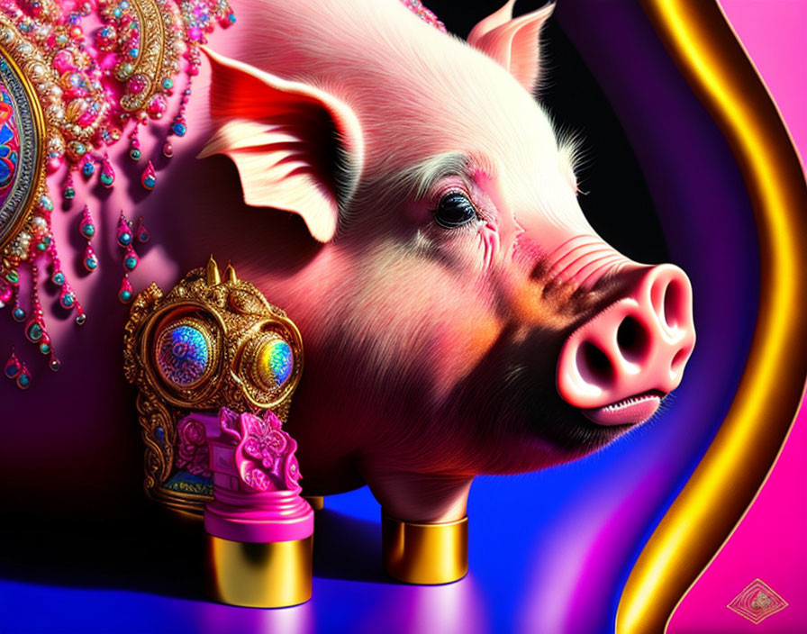 Luxurious Jewelry-Adorned Pig in Vibrant Pink and Purple Scene