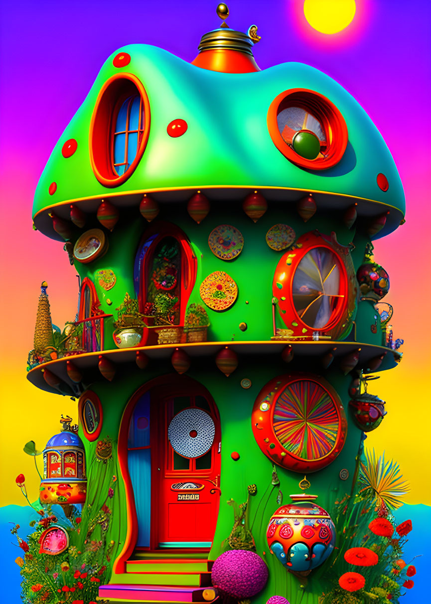 Colorful Mushroom-Shaped Roof House on Psychedelic Background