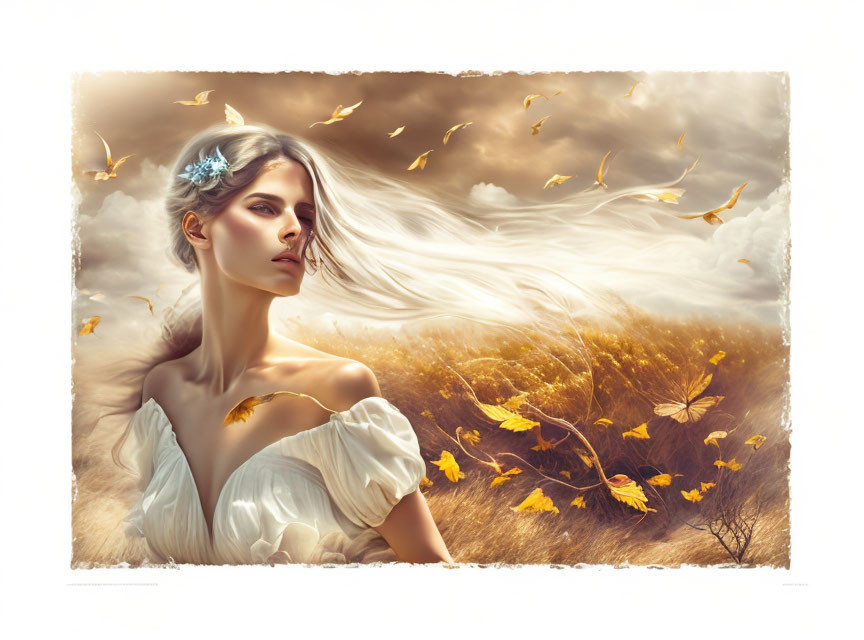 Woman in white dress in golden field under dramatic cloudy sky