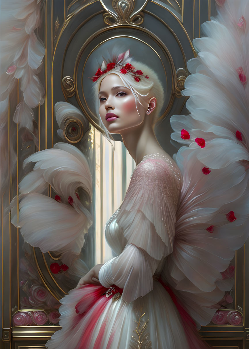 Ethereal figure with white wings and pink gown by golden-framed mirror