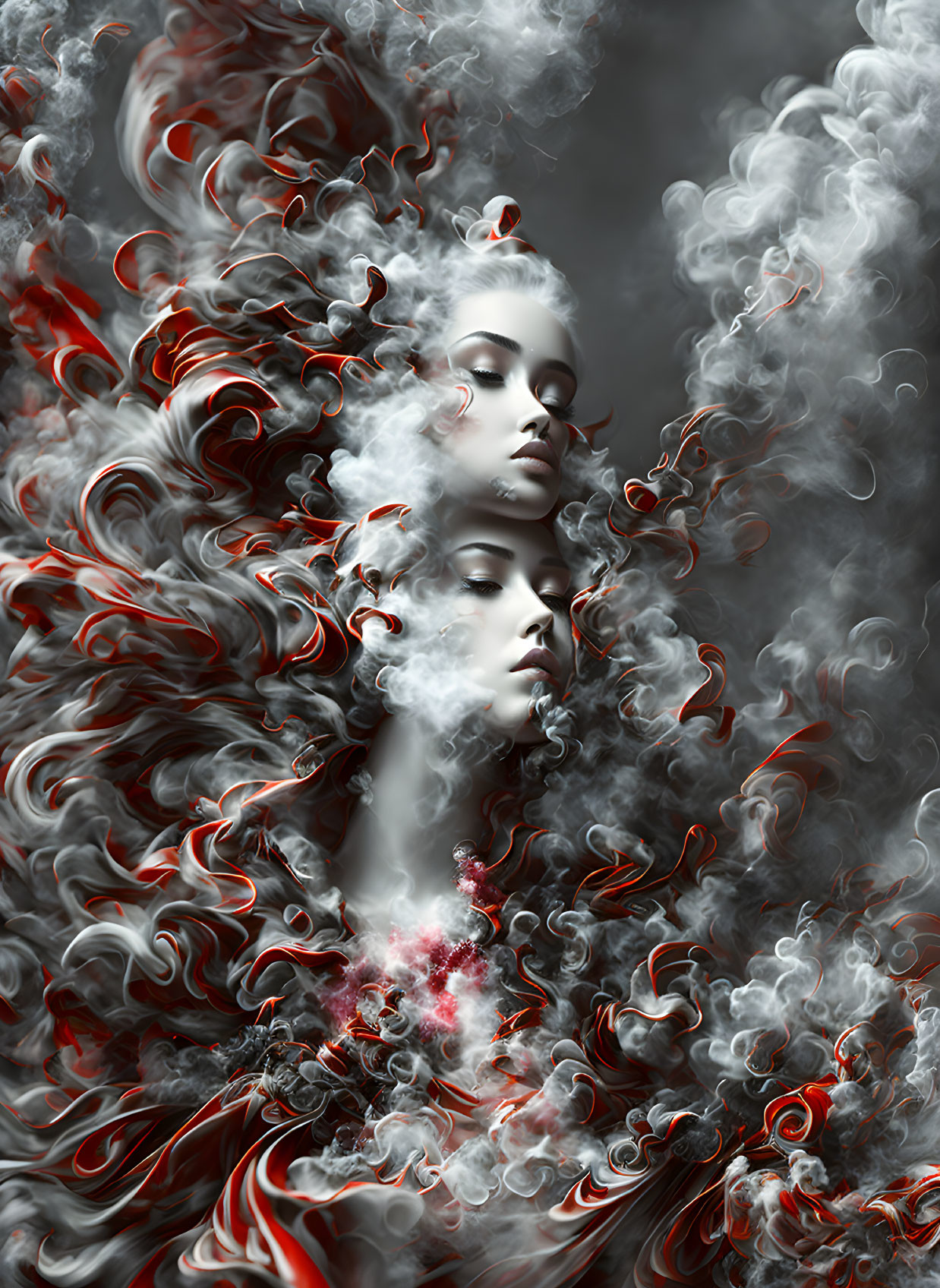 Surreal portrait of person in ethereal setting with red and white swirls