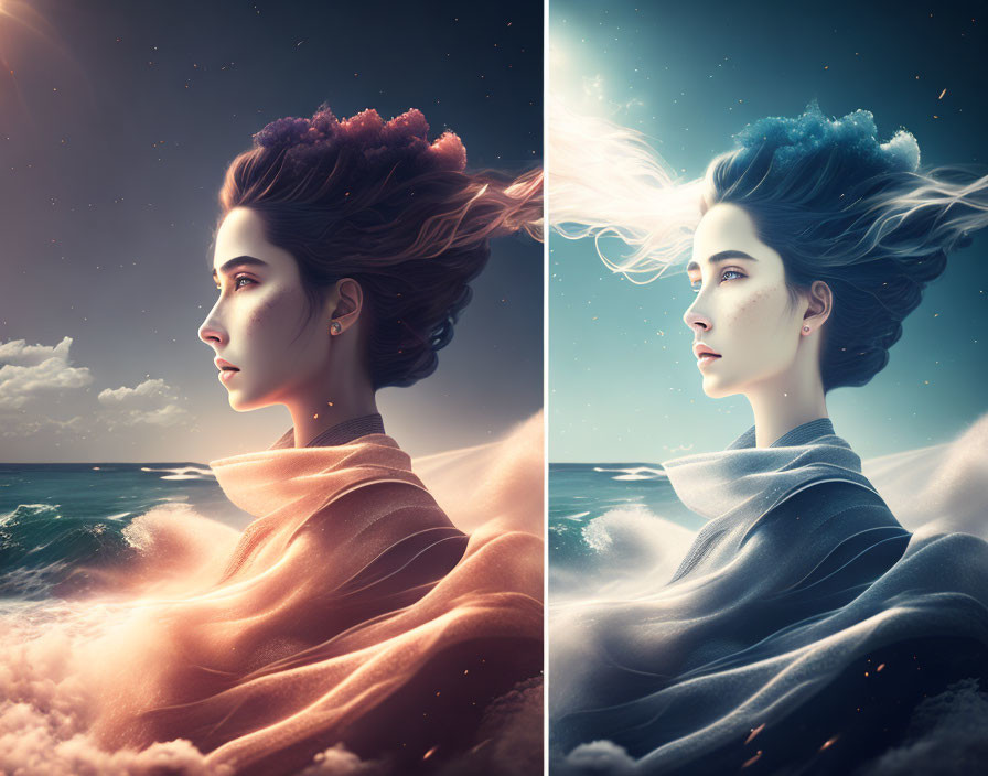 Split image of woman merging hair and scarf with seascape and starry night sky.