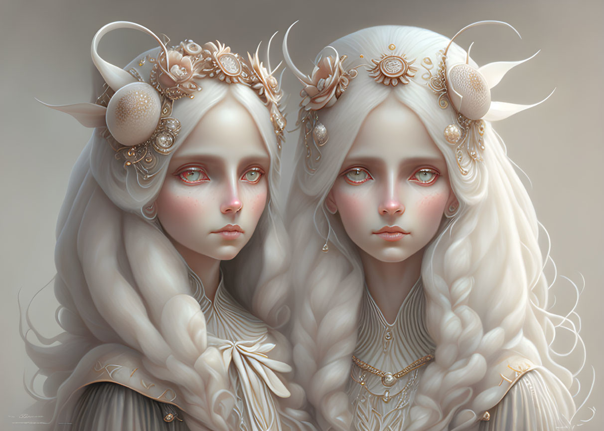 Ethereal pale-faced female figures with ornate horned headdresses in symmetrical composition