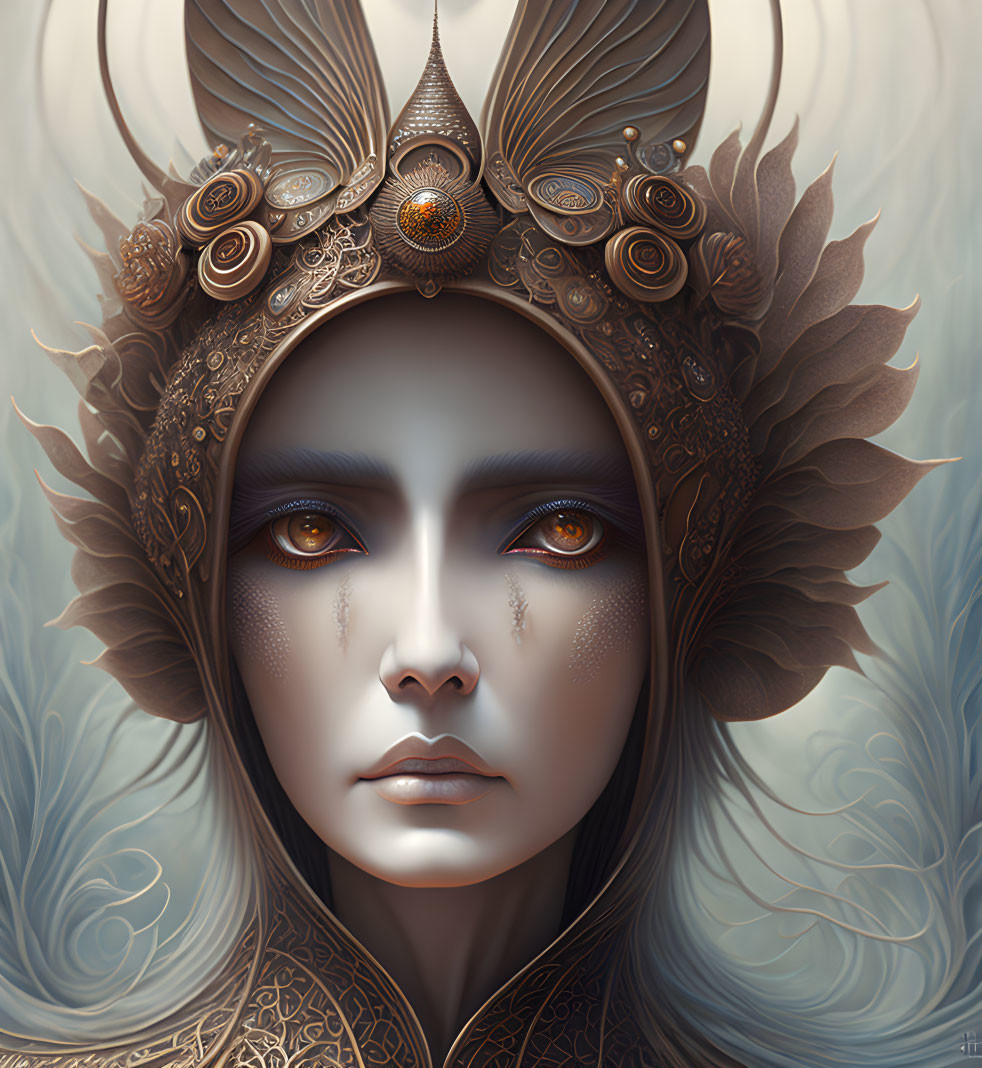 Person with Striking Eyes in Ornate Headdress with Metallic Accents