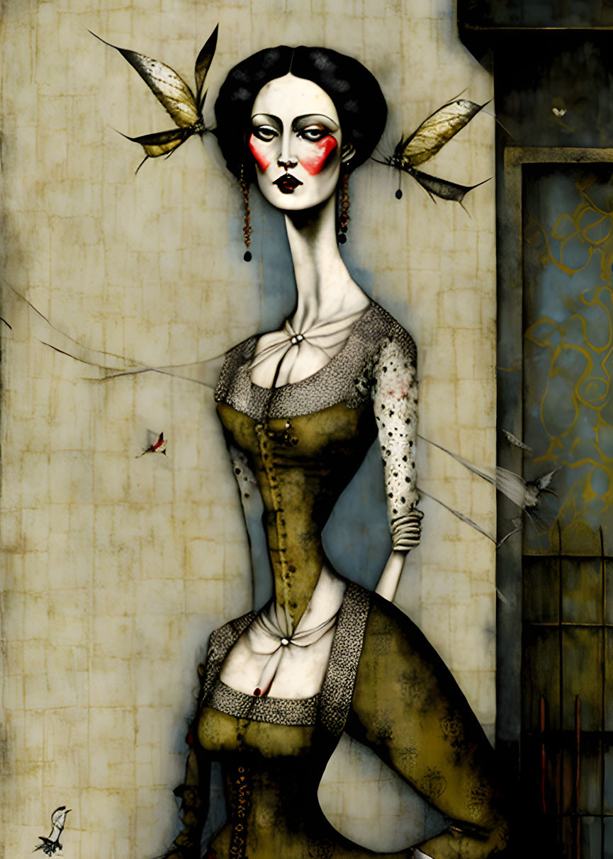 Illustrated gothic female figure in vintage gown with pale skin and dark lips in surreal backdrop