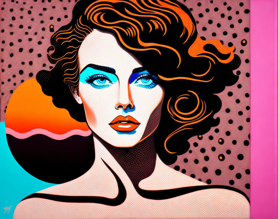 Vibrant pop art illustration of a woman with blue eyes and wavy hair