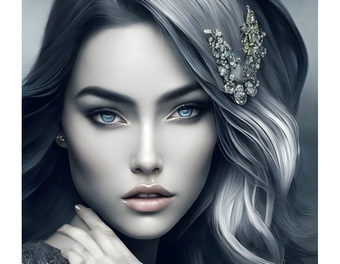 Portrait of woman with blue eyes, pale skin, full lips, and silver hair with crystal hairpiece