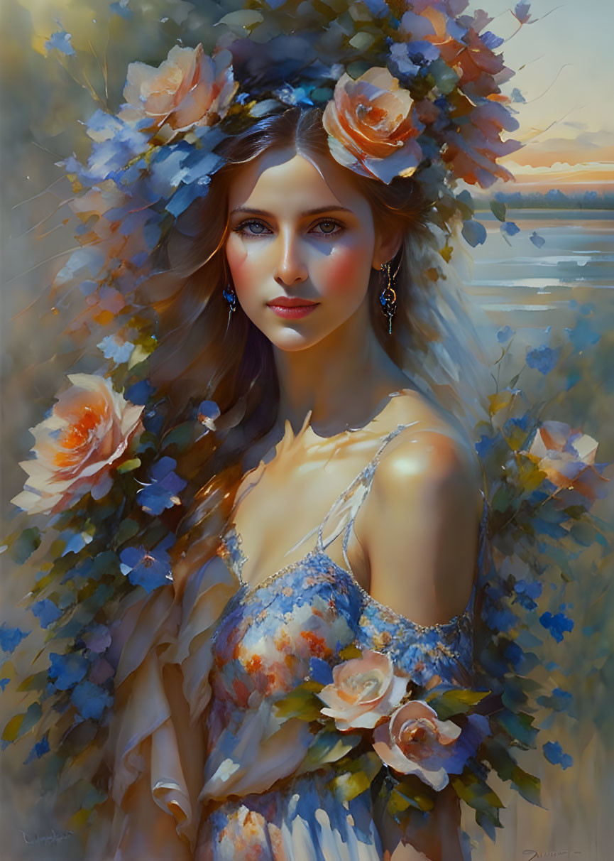 Portrait of Woman with Floral Crown in Dreamy Landscape