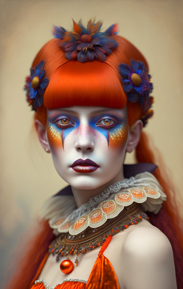 Vibrant red hair, blue and orange makeup, floral adornments, and patterned collar portrait