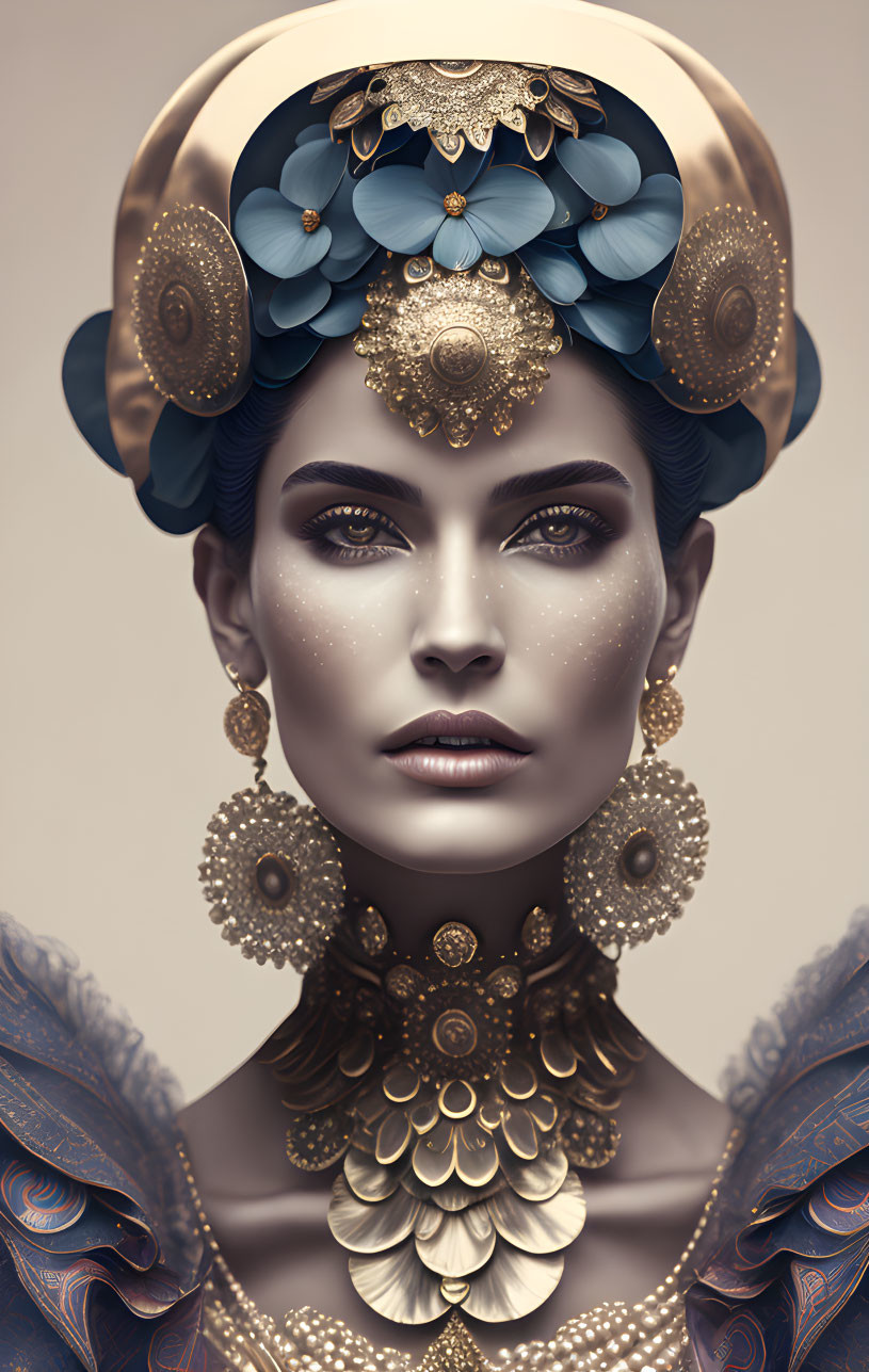 Digital artwork features woman with blue flowers, gold jewelry, freckles, and ornate earrings on