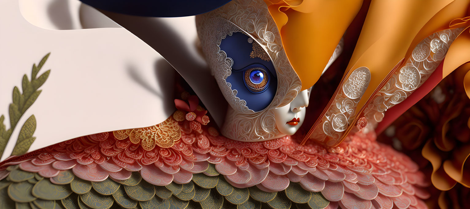 Surreal digital art: intricate textures, prominent eye, ornate feather-like layers