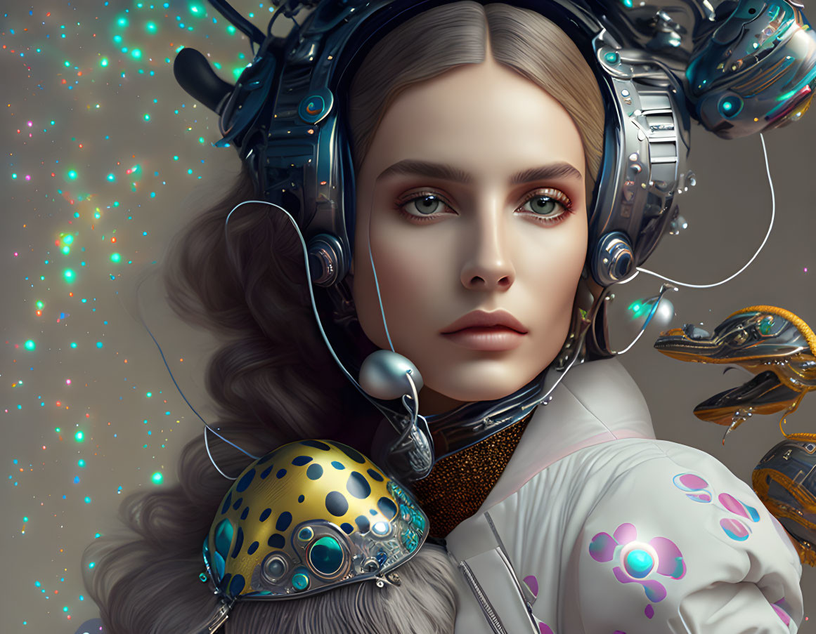 Futuristic sci-fi portrait of a woman in detailed attire against nebula backdrop