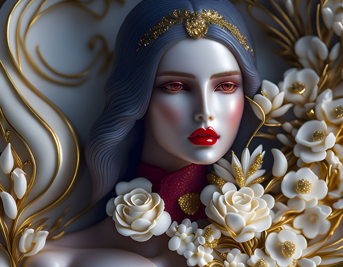 Detailed 3D illustration of woman with pale skin, red lips, grey hair, surrounded by white