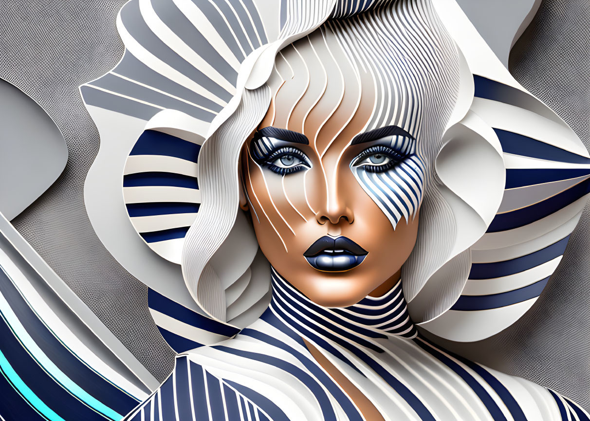 Stylized female face with blue and white stripes and 3D geometric elements