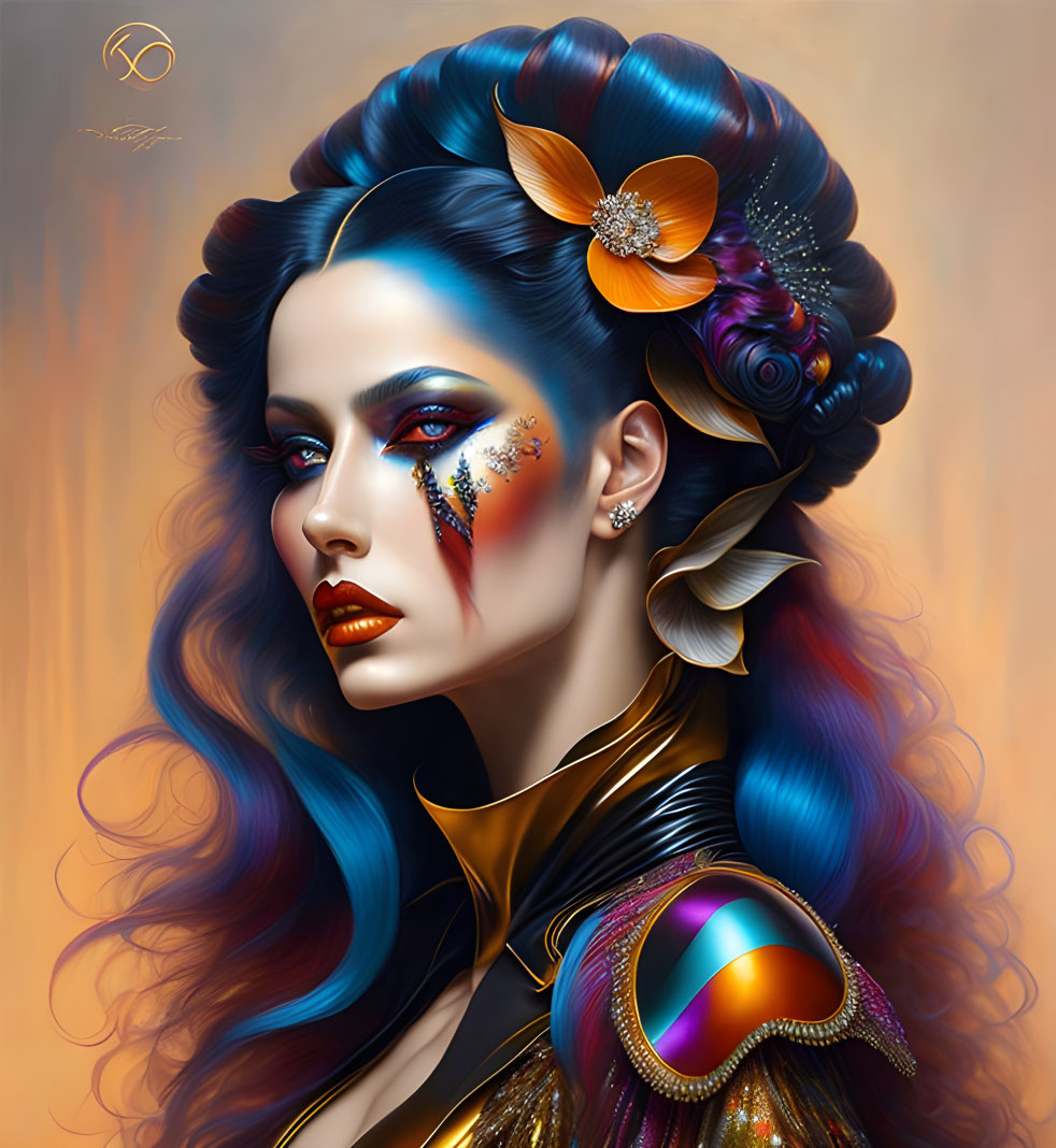 Digital artwork of woman with blue hair, floral and shell adornments, starry makeup, and gold