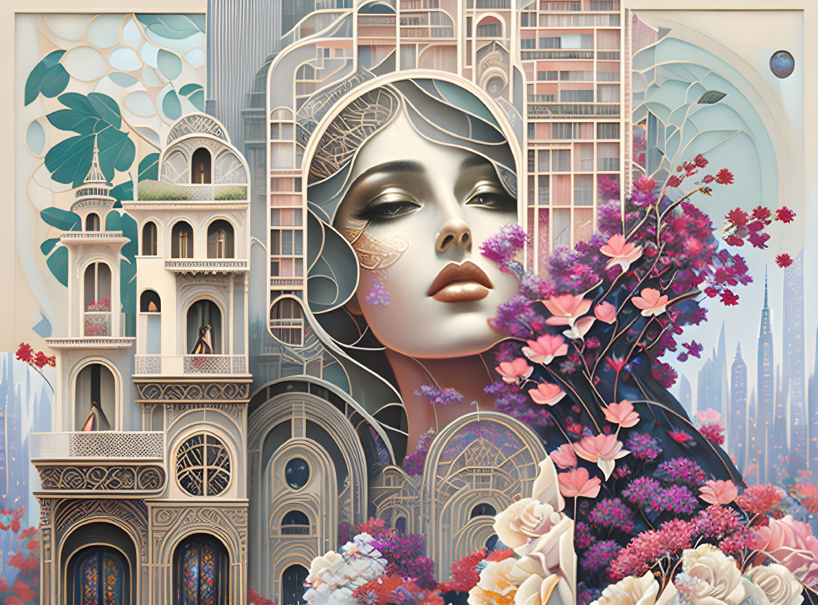 Woman's face blends with architecture and flowers on urban backdrop