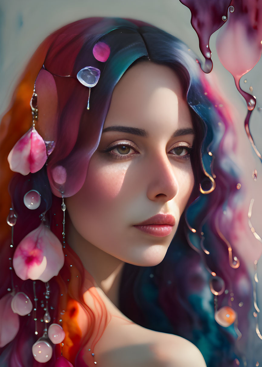 Multicolored hair woman in surreal digital portrait