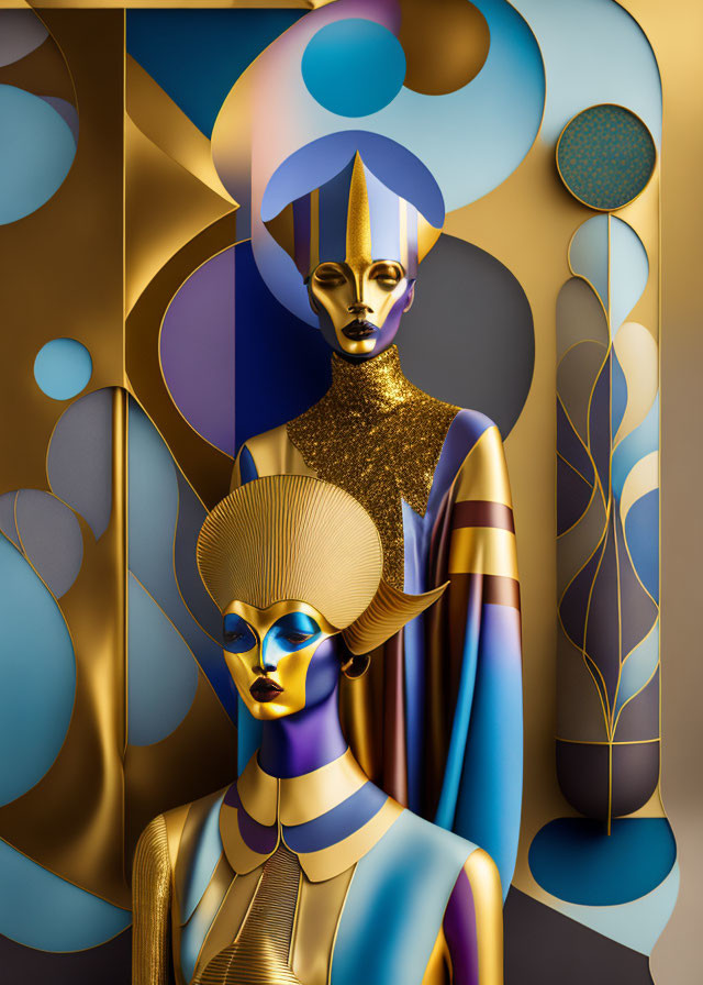 Abstract art: Stylized figures in gold and blue in art deco setting