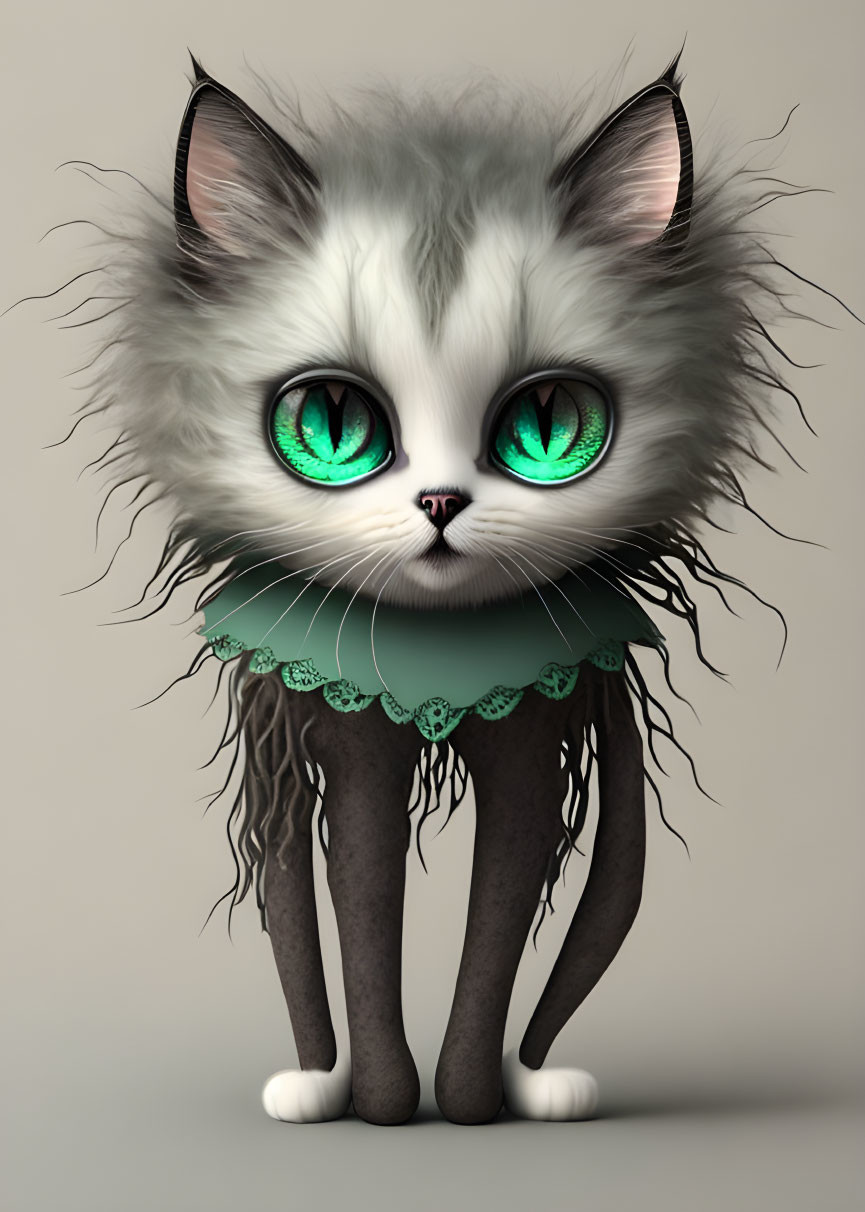 Stylized anthropomorphic cat with large green eyes and green scarf