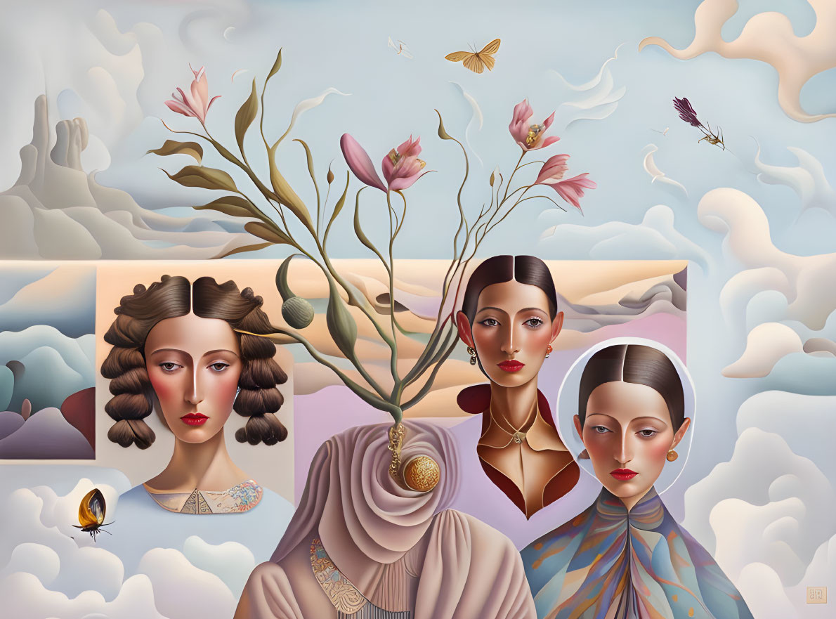 Surreal Artwork: Three Women, Stylized Features, Flowers, Butterflies