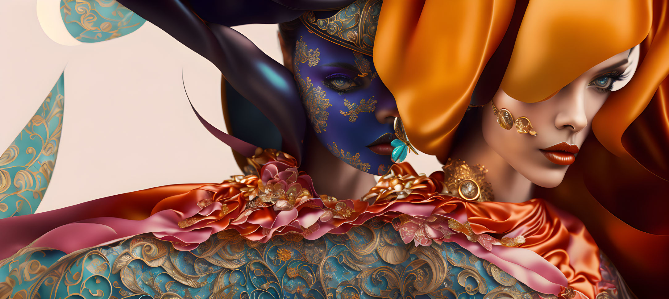 Colorful stylized figures with ornate clothing and face decorations.