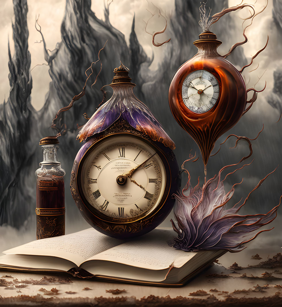 Ornate pocket watches with magical flames on open book in cloudy landscape