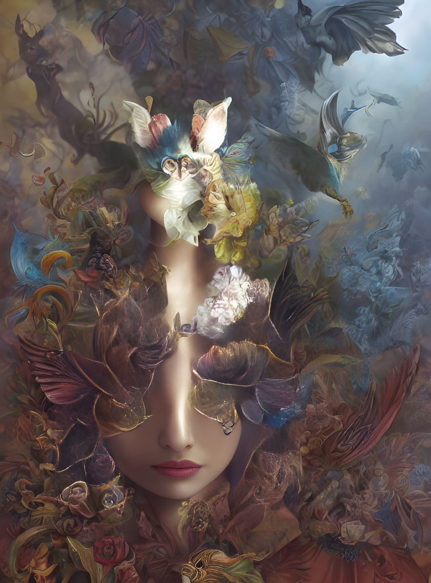 Whimsical portrait featuring floral, butterfly, cat, and ethereal elements