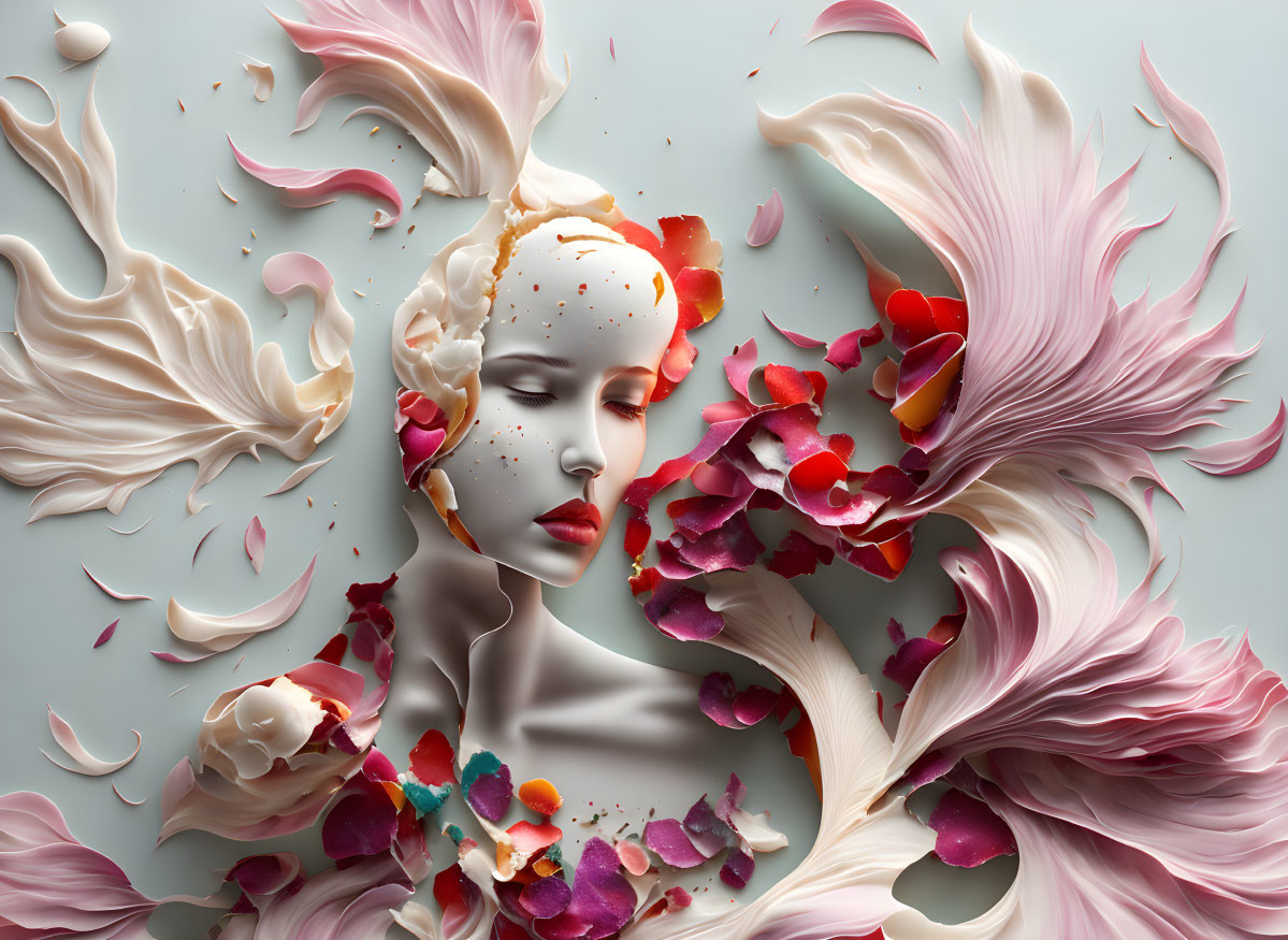 Surreal female figure with swirling cream and red petals on pale background