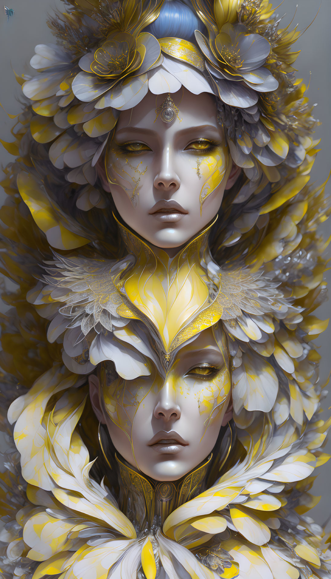 Digital artwork: Two faces with golden and white feather designs and ornate headdresses