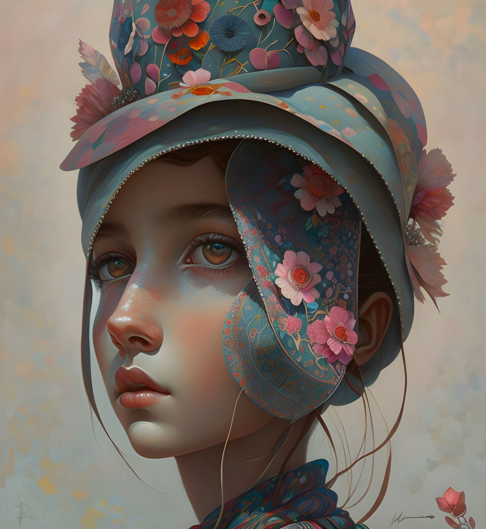 Detailed portrait of a girl in floral hat and scarf with expressive eyes