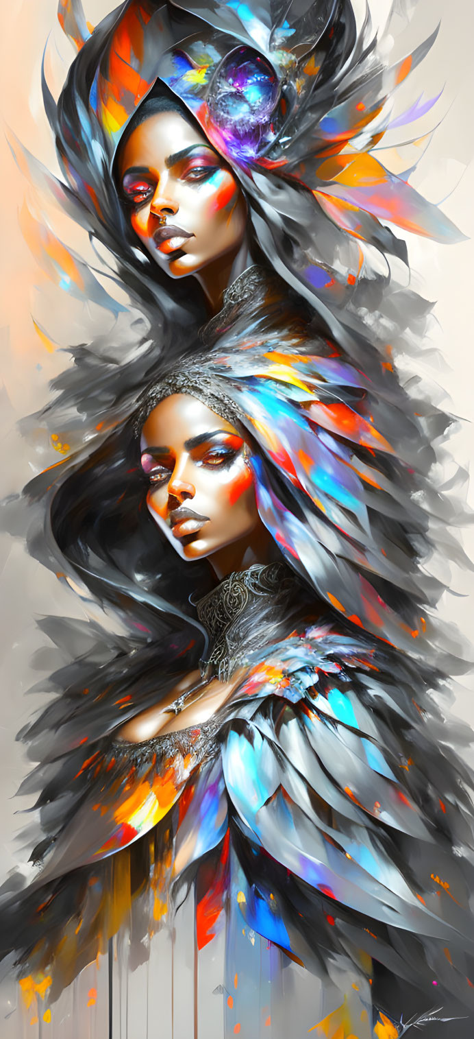 Vivid digital artwork: Two women with luminescent skin and feathered headpieces