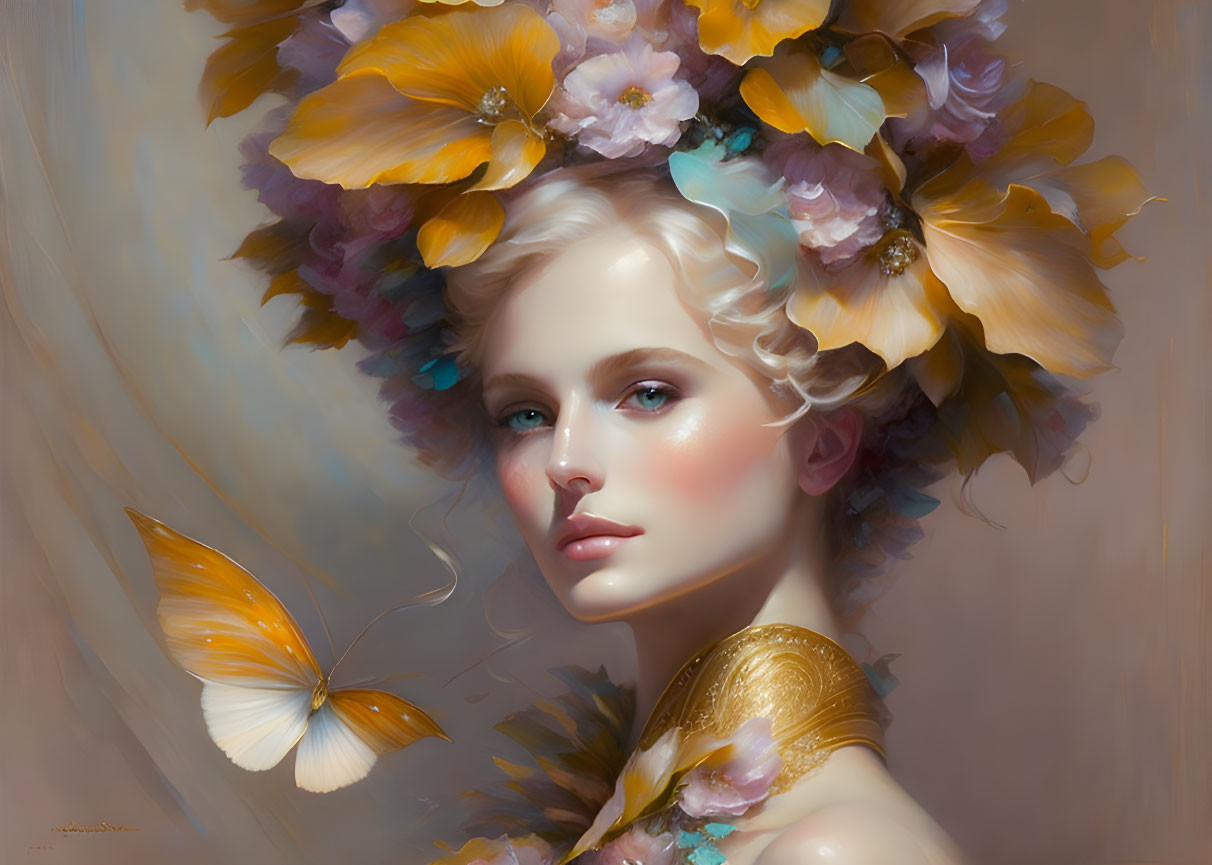 Woman portrait with floral headdress and butterfly in soft lighting