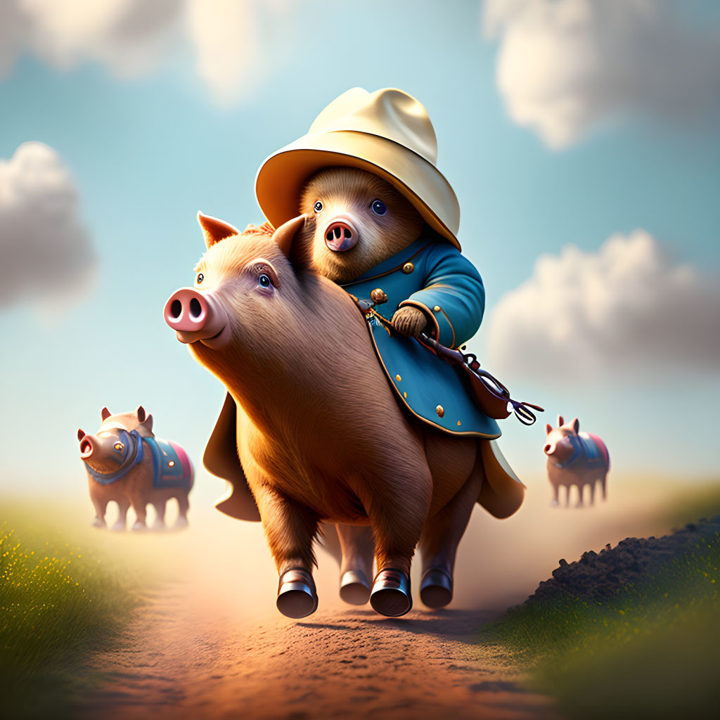 Adorable piglet in blue jacket riding larger pig with piglet companions on dirt path