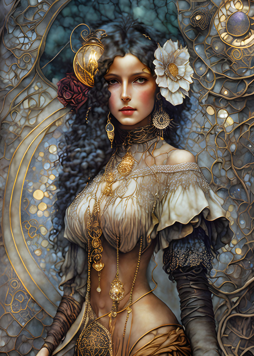 Detailed Artwork: Woman with Dark Curly Hair, Flowers, and Gold Jewelry