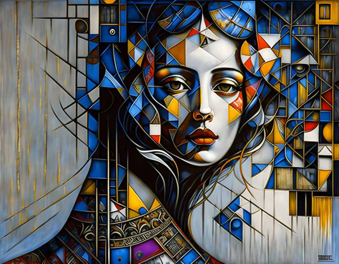 Vibrant Cubist-style Woman Portrait with Geometric Patterns