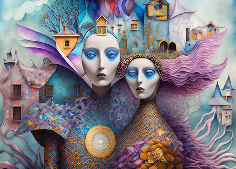 Stylized blue female figures amidst surreal colorful backdrop