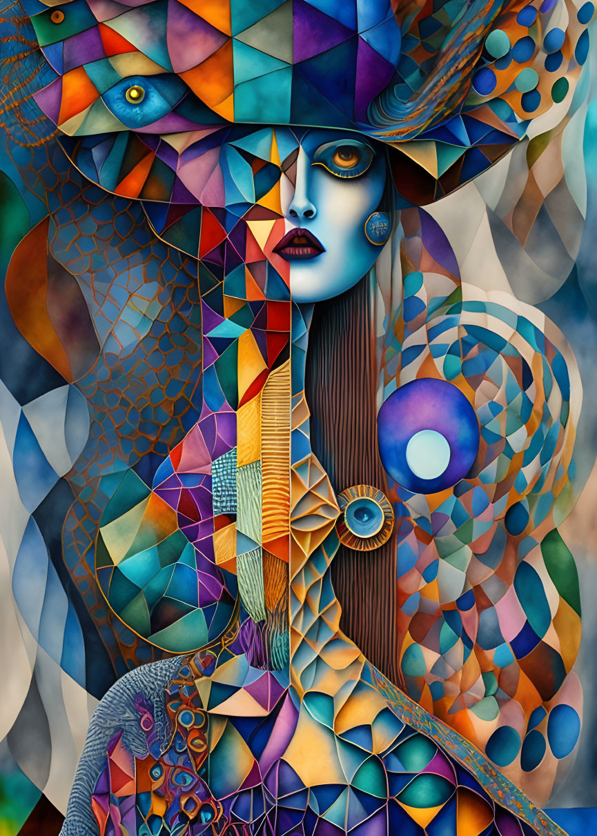 Colorful Stylized Portrait with Geometric Patterns and Surreal Female Figure