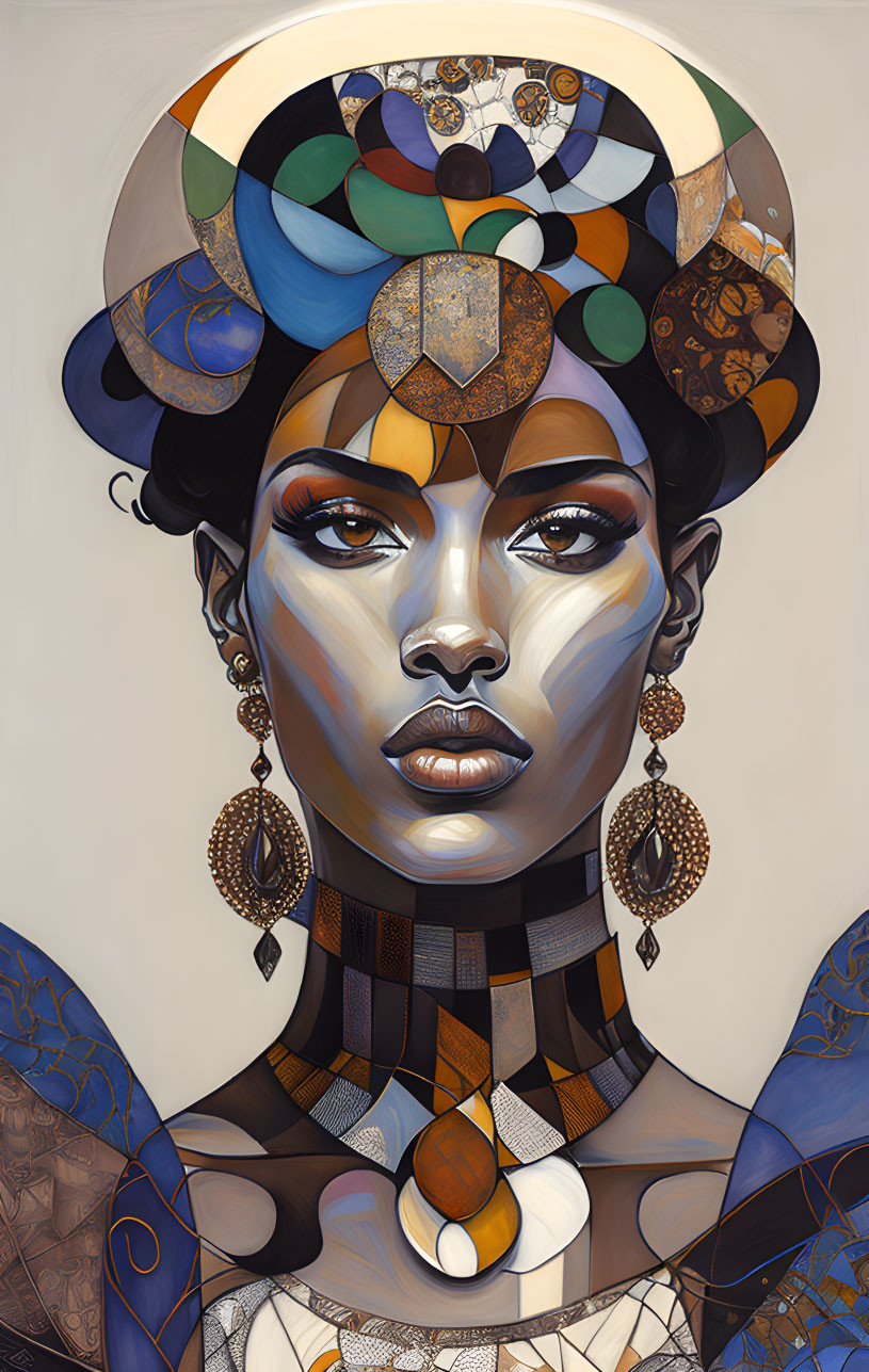 Stylized woman portrait with ornate headpiece and jewelry in rich colors