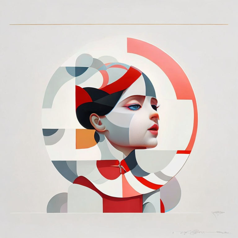 Stylized female profile with geometric shapes in muted colors and red accents