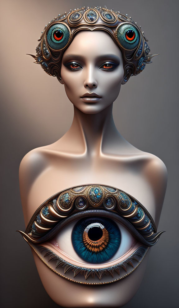 Surreal digital portrait: Figure with ornate eye headdress