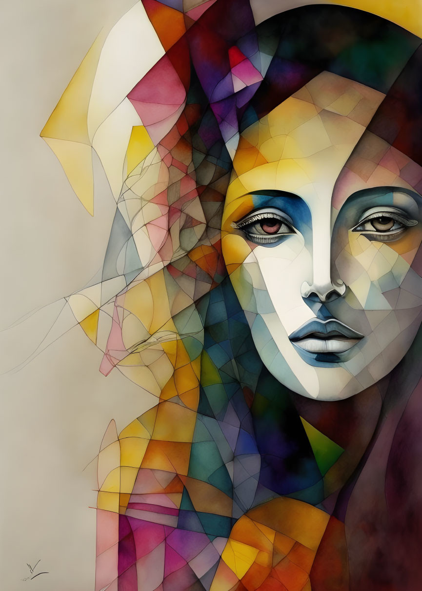 Geometric abstract art of a woman's face with colorful shapes on beige.