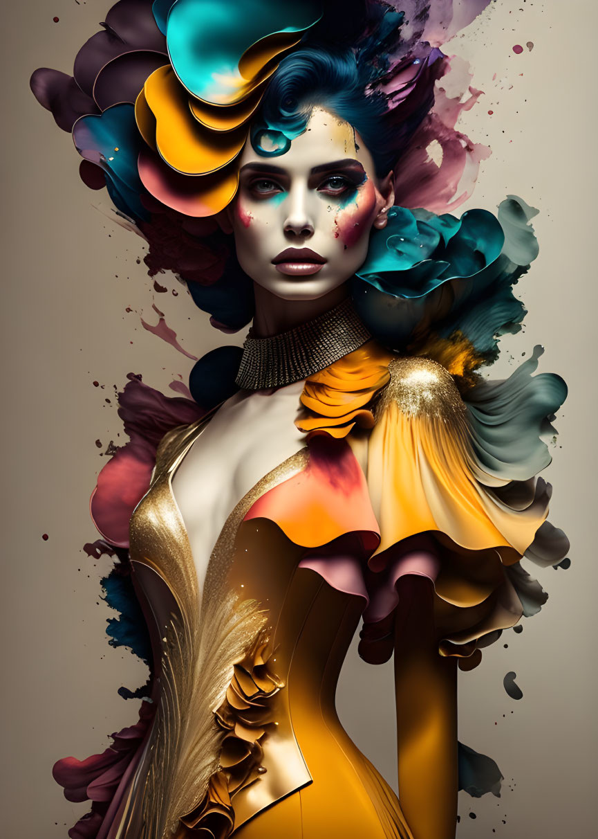 Vibrant woman adorned in flowing colors and elegant golden attire