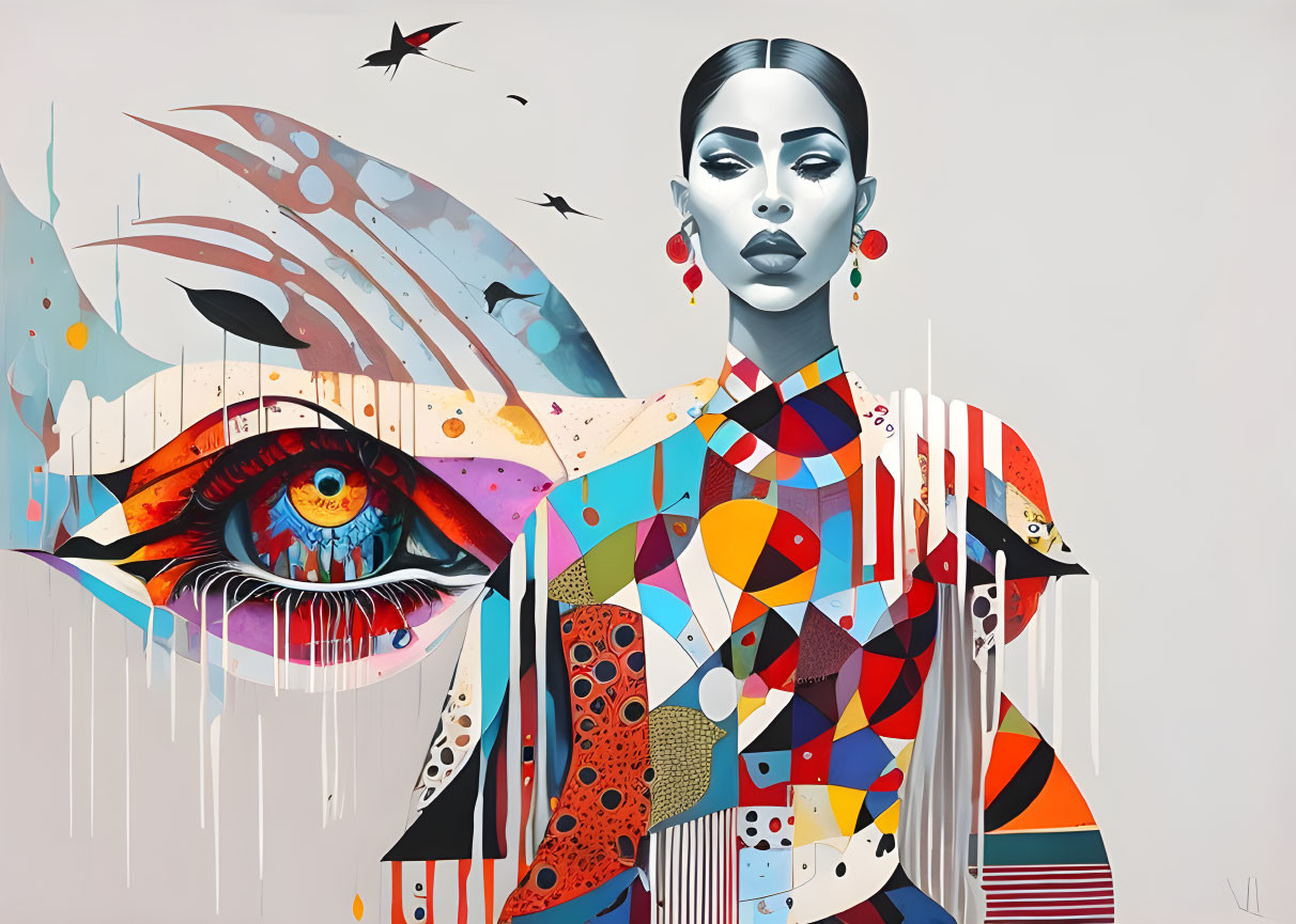 Colorful abstract painting of woman with geometric patterns and realistic eye.