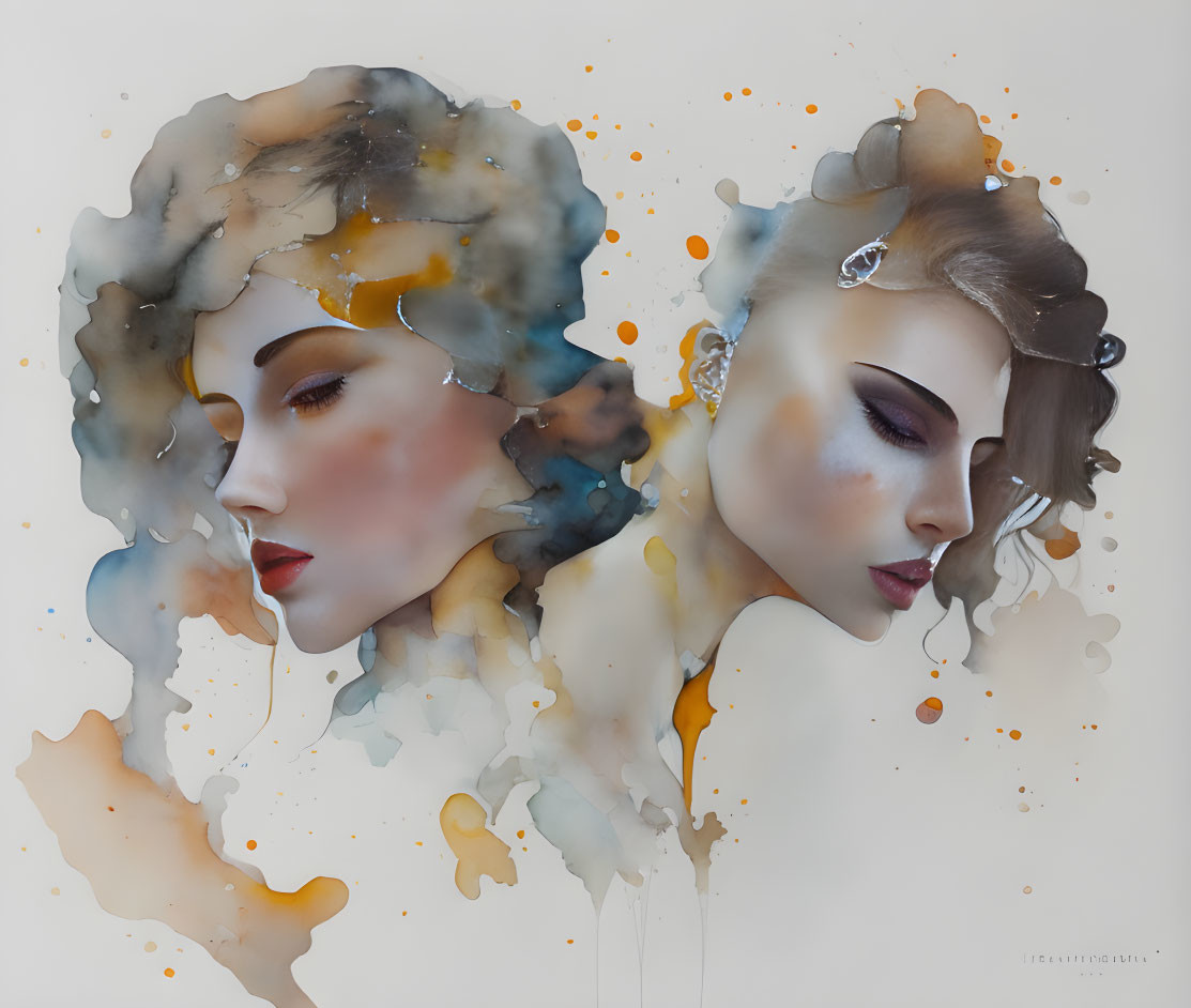 Abstract watercolor painting: Two side-profiled female faces with flowing hair merging into smoky, ink