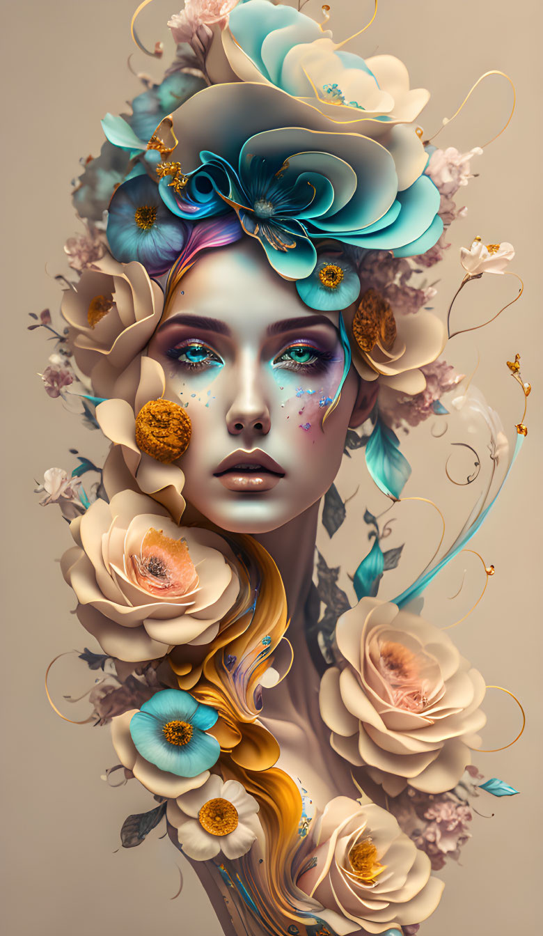 Surreal portrait of woman with floral elements