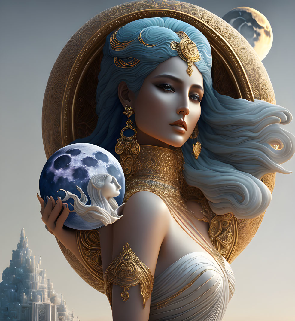 Elaborate golden adorned female figure holding miniature moon with celestial backdrop